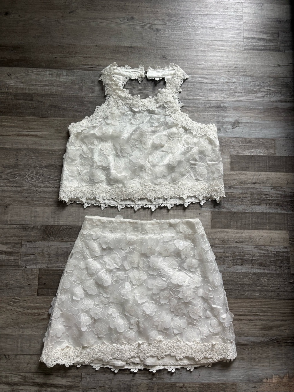 Just Me White Lace Two-Piece bachelorette sequin Set S/M